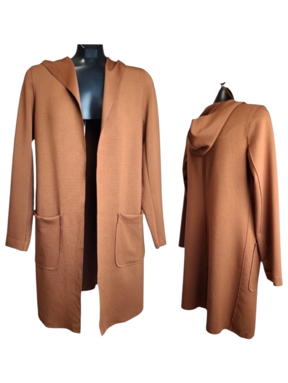 Carolina Belle Women Long Hooded Cardigan Coatigan Copper Rust Brown Tan XS